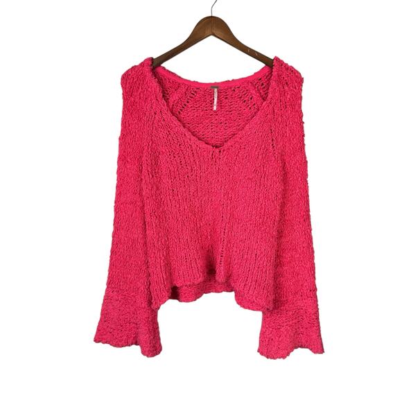Free People Sand Dune Pullover Coral Pink V-Neck Long Bell Sleeve Fuzzy Sweater - Picture 9 of 12